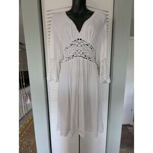 Moda International Boho Chic White Crochet Dress L/S Vneck Midi XL *Flaws*